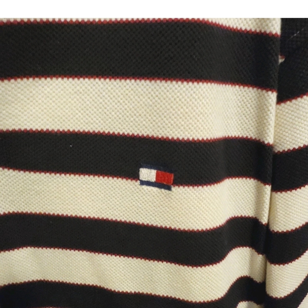 Vintage 90s Men's Tommy Hilfiger Black, Red And Cream Striped Rugby Polo Shirt